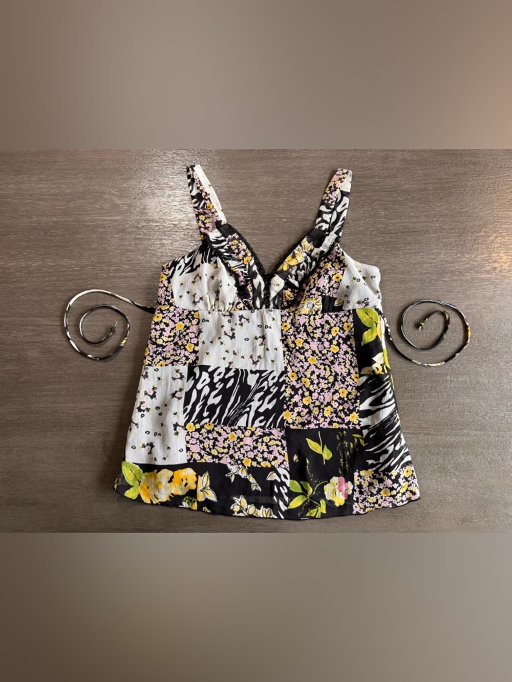 Vintage Y2K Patchwork Tie Wrap Tank Top Lace M L B-Wear - Picture 3 of 11